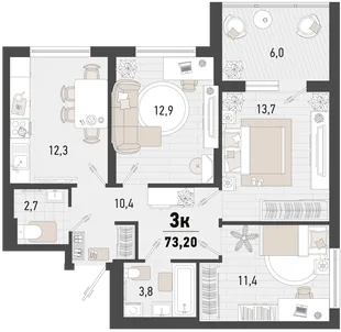 Планировка 3-комн. квартира, 73.2 м² ЖК «Барса»
