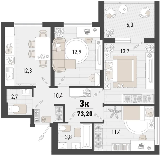 Планировка 3-комн. квартира, 73.2 м² ЖК «Барса» Планировка 3-комн. квартира, 73.2 м² ЖК «Барса»