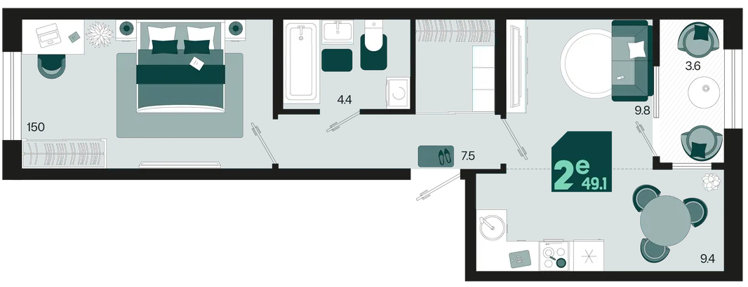 Планировка 2-комн. квартира, 49.1 м² ЖК «Первое место»