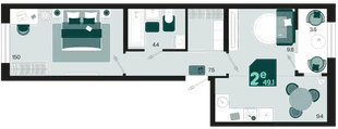 Планировка 2-комн. квартира, 49.1 м² ЖК «Первое место»