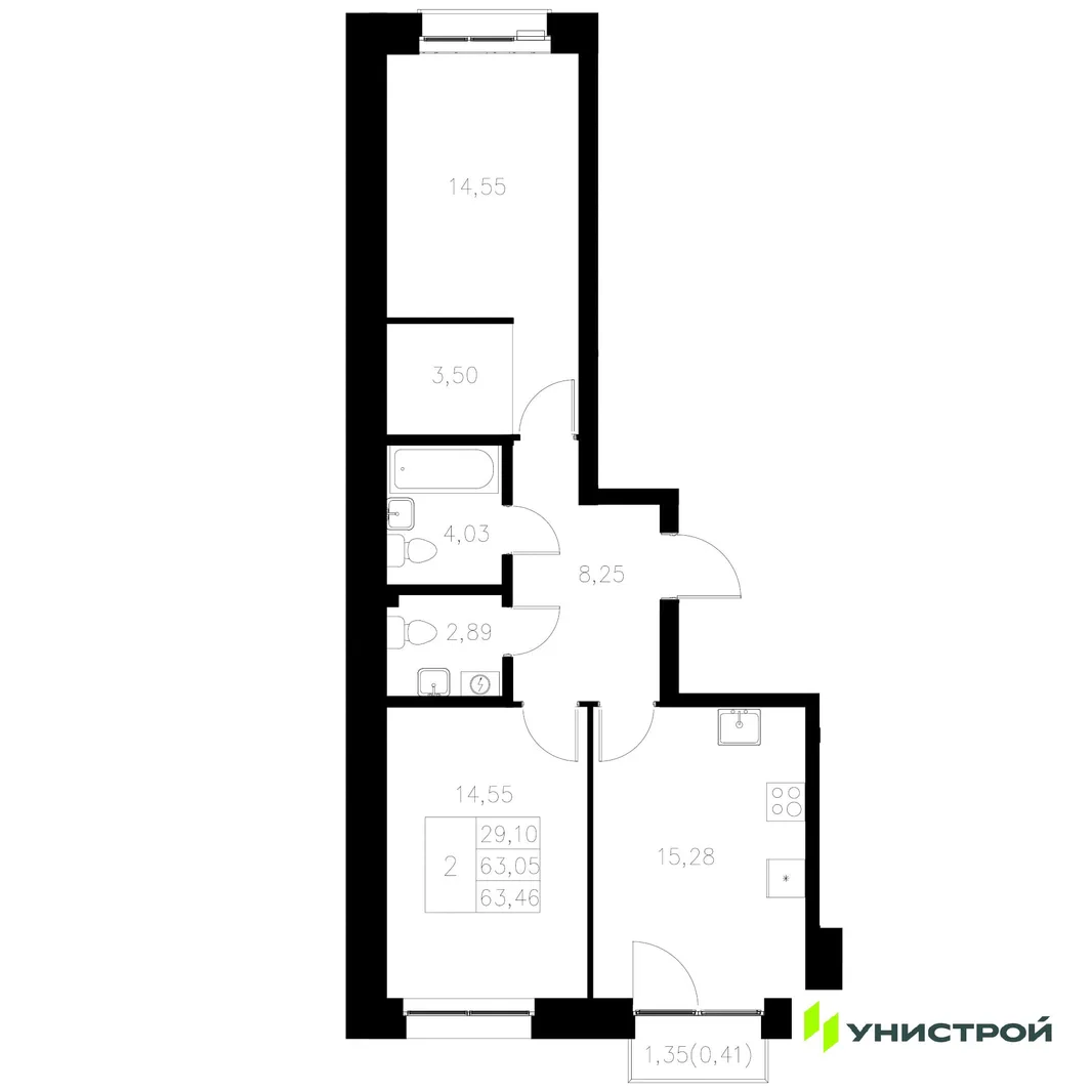 Планировка 2-комн. квартира, 63.46 м² ЖК «Statum»