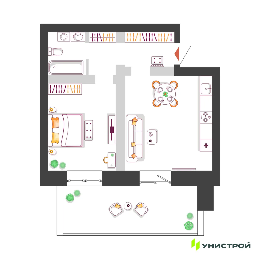 Планировка 1-комн. квартира, 48.44 м² ЖК «Южный бульвар 2»