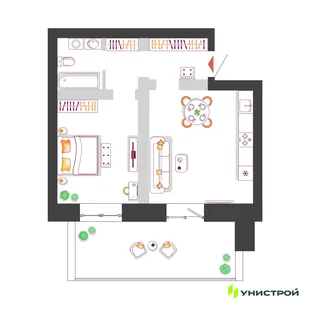 Планировка 1-комн. квартира, 48.44 м² ЖК «Южный бульвар 2»