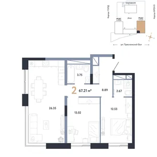 Планировка 2-комн. квартира, 67.21 м² ЖК «Репаблик»