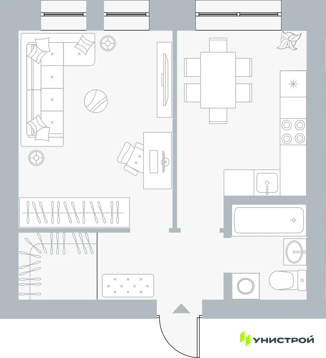 Планировка 1-комн. квартира, 39.08 м² ЖК «Причал»