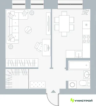 Планировка 1-комн. квартира, 39.08 м² ЖК «Причал»