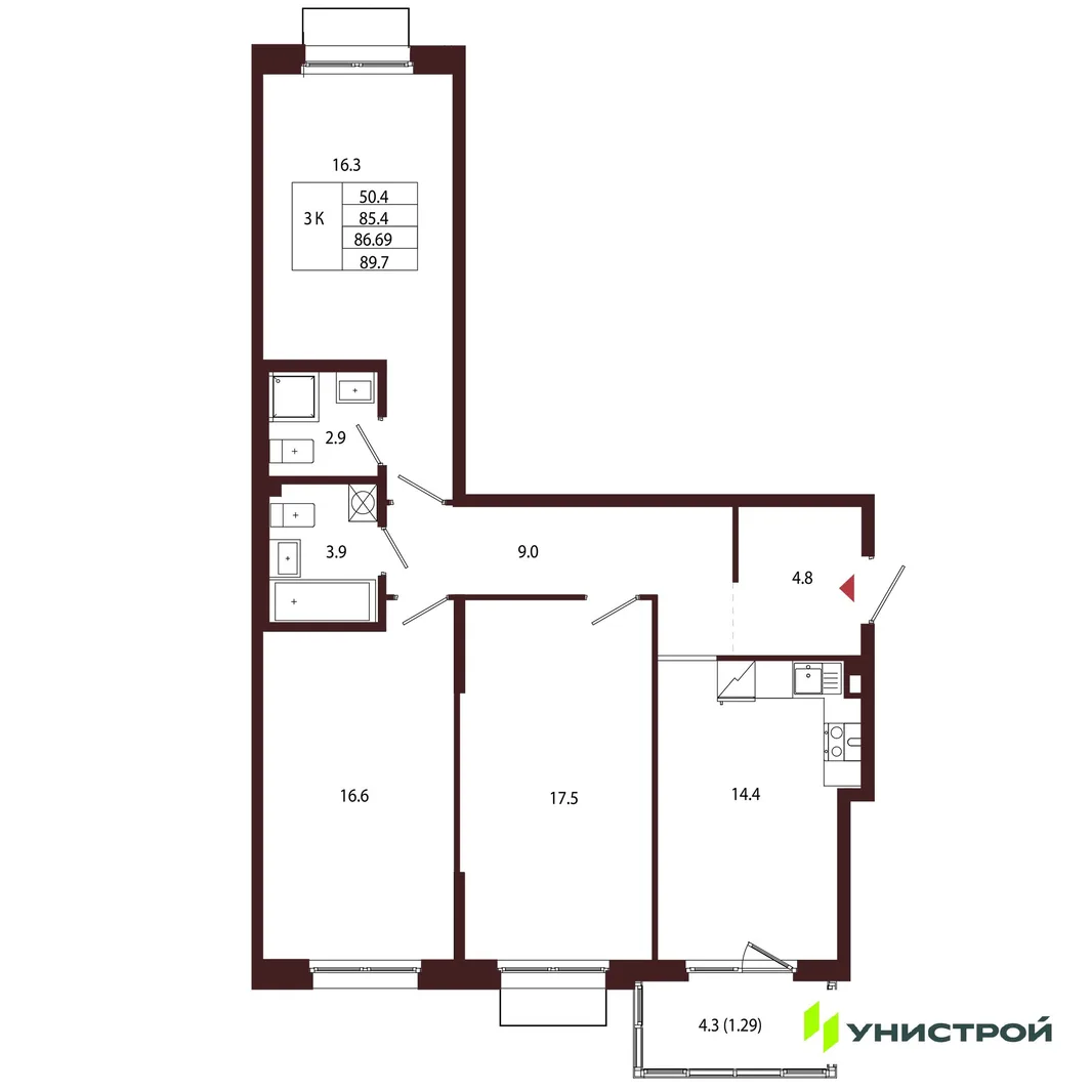 Планировка 3-комн. квартира, 86.69 м² ЖК «Лисино»