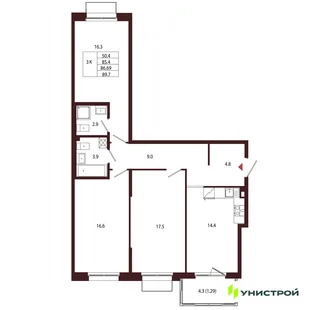 Планировка 3-комн. квартира, 86.69 м² ЖК «Лисино»