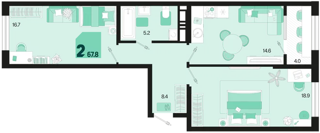 Планировка 2-комн. квартира, 67.8 м² ЖК «Первое место» Планировка 2-комн. квартира, 67.8 м² ЖК «Первое место»