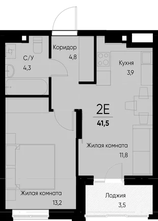 Планировка 2-комн. квартира, 41.5 м² ЖК «Васильевский остров»