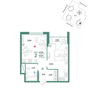 Планировка 2-комн. квартира, 42.3 м² ЖК «Сибирский сад»