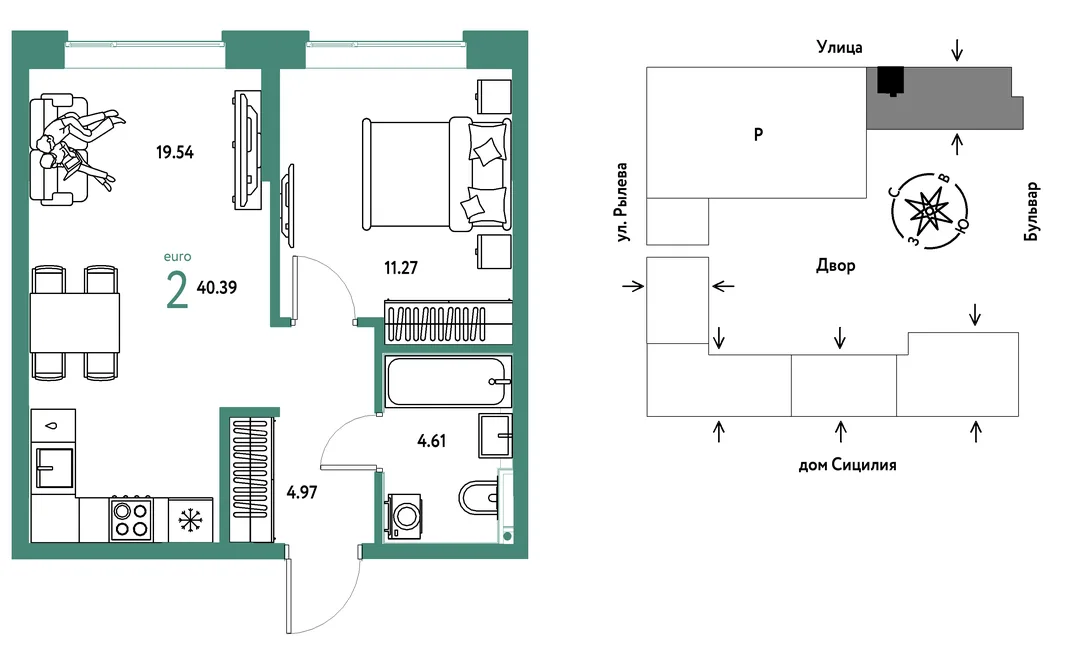 Планировка 2-комн. квартира, 40.39 м² ЖК «Остров-сад»