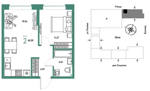 Планировка 2-комн. квартира, 40.39 м² ЖК «Остров-сад»