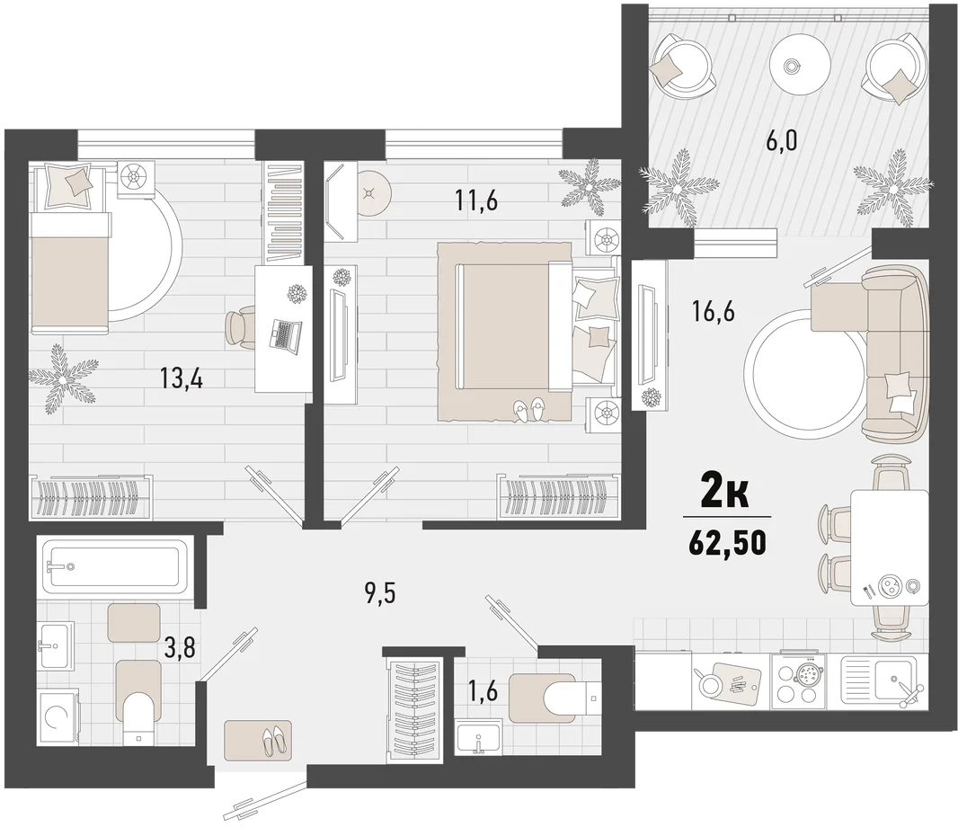 Планировка 2-комн. квартира, 62.5 м² ЖК «Барса»