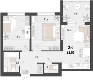 Планировка 2-комн. квартира, 62.5 м² ЖК «Барса»