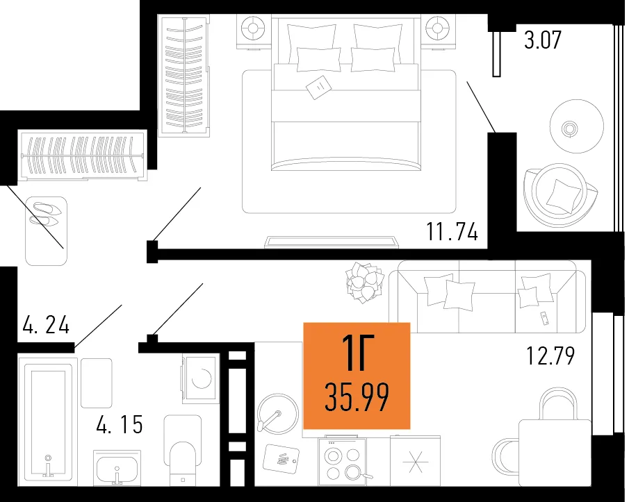 Планировка 1-комн. квартира, 35.99 м² ЖК «Столицыно»