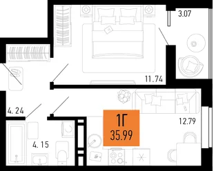 Планировка 1-комн. квартира, 35.99 м² ЖК «Столицыно»