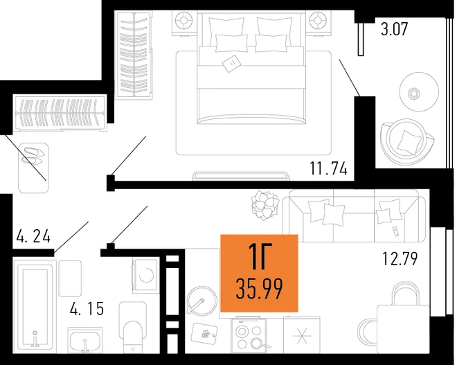 Планировка 1-комн. квартира, 35.99 м² ЖК «Столицыно» Планировка 1-комн. квартира, 35.99 м² ЖК «Столицыно»