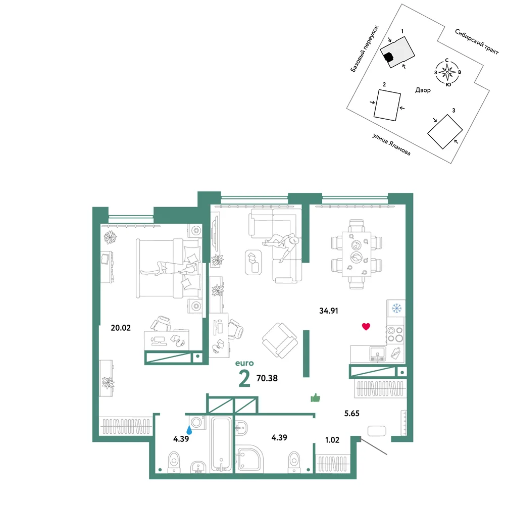 Планировка 2-комн. квартира, 70.38 м² ЖК «Сибирский сад»