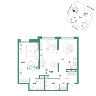 Планировка 2-комн. квартира, 70.38 м² ЖК «Сибирский сад»