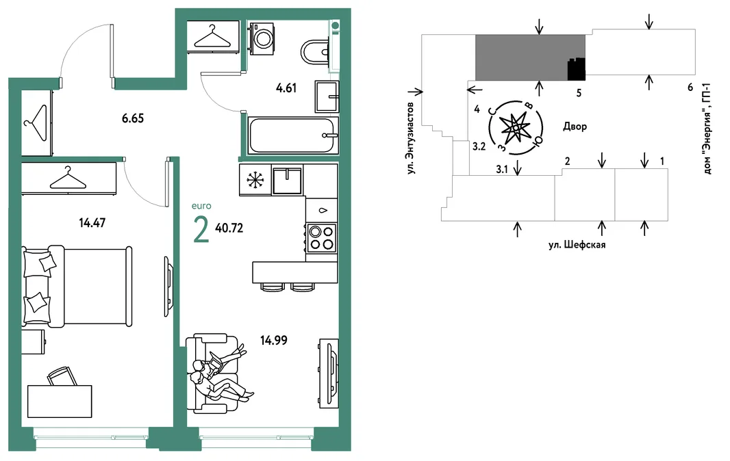 Планировка 2-комн. квартира, 40.72 м² ЖК «Страна.Энтузиастов»