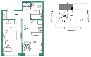 Планировка 2-комн. квартира, 40.72 м² ЖК «Страна.Энтузиастов»