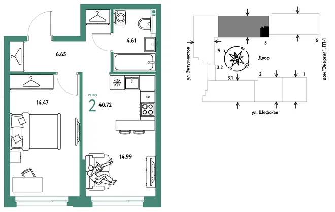 Планировка 2-комн. квартира, 40.72 м² ЖК «Страна.Энтузиастов» Планировка 2-комн. квартира, 40.72 м² ЖК «Страна.Энтузиастов»