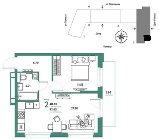 Планировка 2-комн. квартира, 48.42 м² ЖК «Авторский»