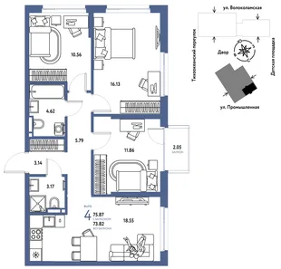 Планировка 4-комн. квартира, 75.87 м² ЖК «Страна Прибрежная»