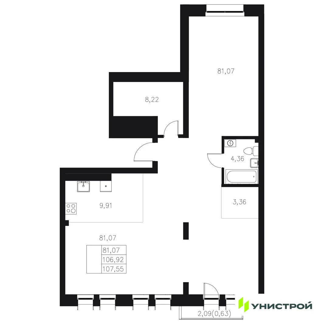 Планировка 1-комн. квартира, 107.55 м² ЖК «Statum»