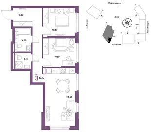 Планировка 3-комн. квартира, 62.72 м² ЖК «Сибирский сад»