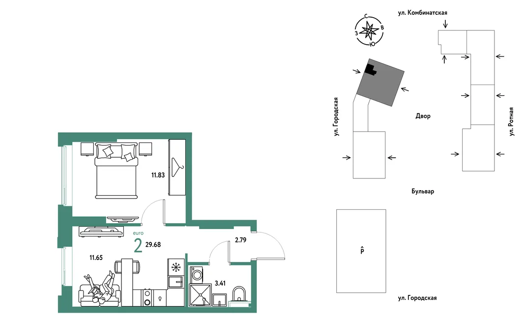 Планировка 2-комн. квартира, 29.68 м² ЖК «Уральский сад»