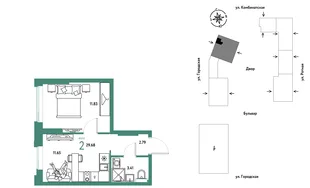 Планировка 2-комн. квартира, 29.68 м² ЖК «Уральский сад»