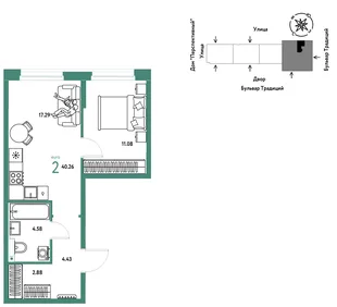 Планировка 2-комн. квартира, 40.26 м² ЖК «Микрорайон Домашний»
