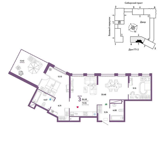 Планировка 3-комн. квартира, 86.48 м² ЖК «Сибирский сад» Планировка 3-комн. квартира, 86.48 м² ЖК «Сибирский сад»