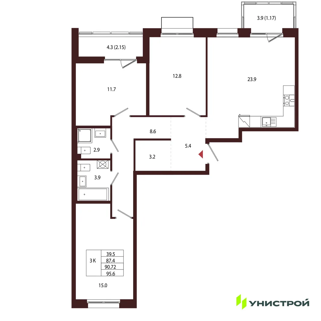 Планировка 3-комн. квартира, 90.72 м² ЖК «Лисино»
