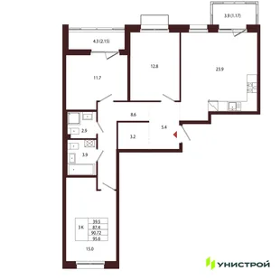 Планировка 3-комн. квартира, 90.72 м² ЖК «Лисино»