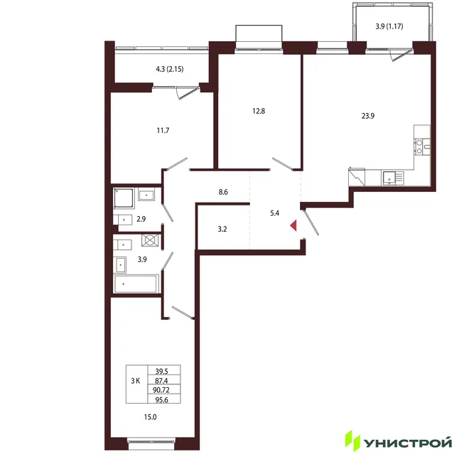 Планировка 3-комн. квартира, 90.72 м² ЖК «Лисино» Планировка 3-комн. квартира, 90.72 м² ЖК «Лисино»
