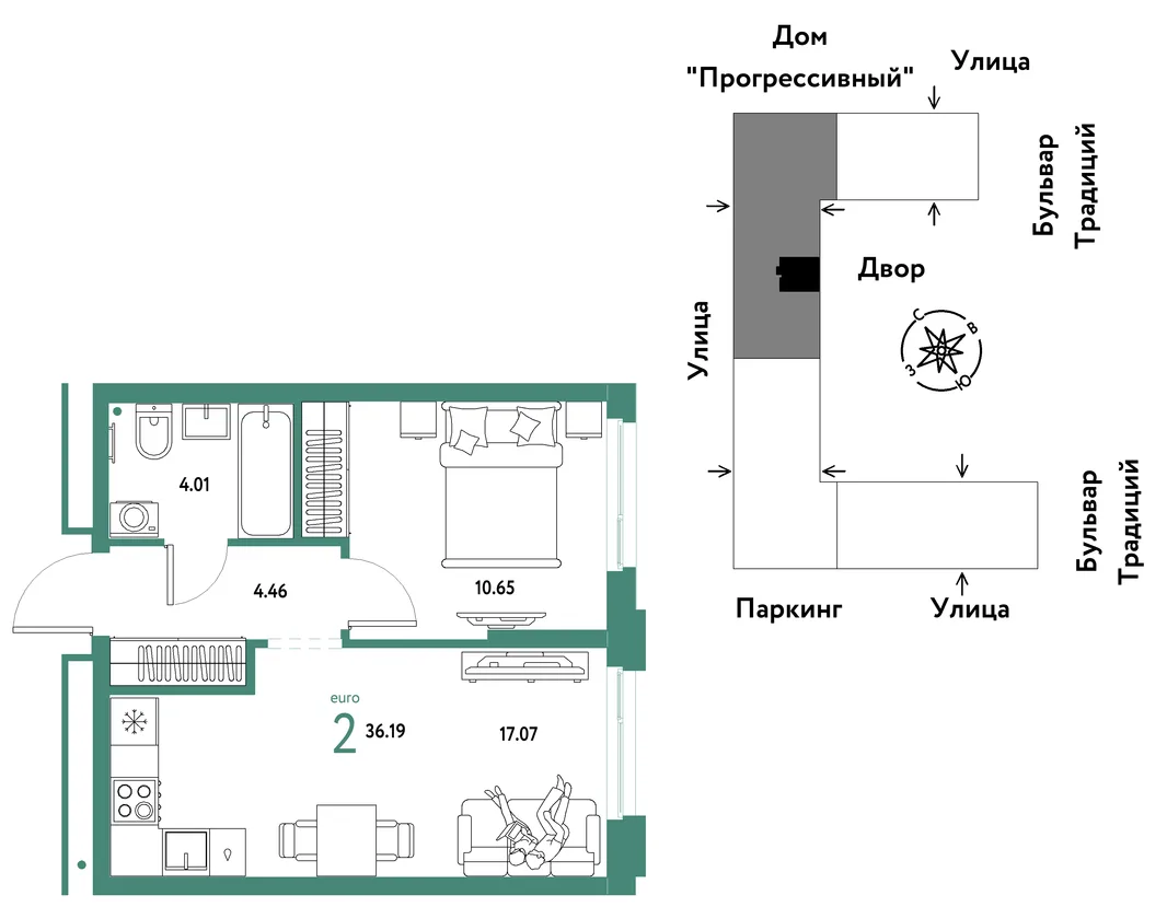 Планировка 2-комн. квартира, 36.19 м² ЖК «Микрорайон Домашний»