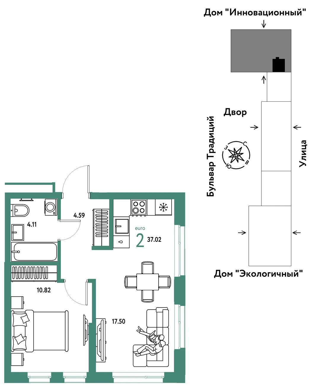 Планировка 2-комн. квартира, 37.02 м² ЖК «Микрорайон Домашний»