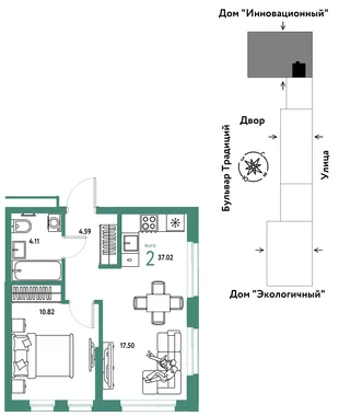 Планировка 2-комн. квартира, 37.02 м² ЖК «Микрорайон Домашний»