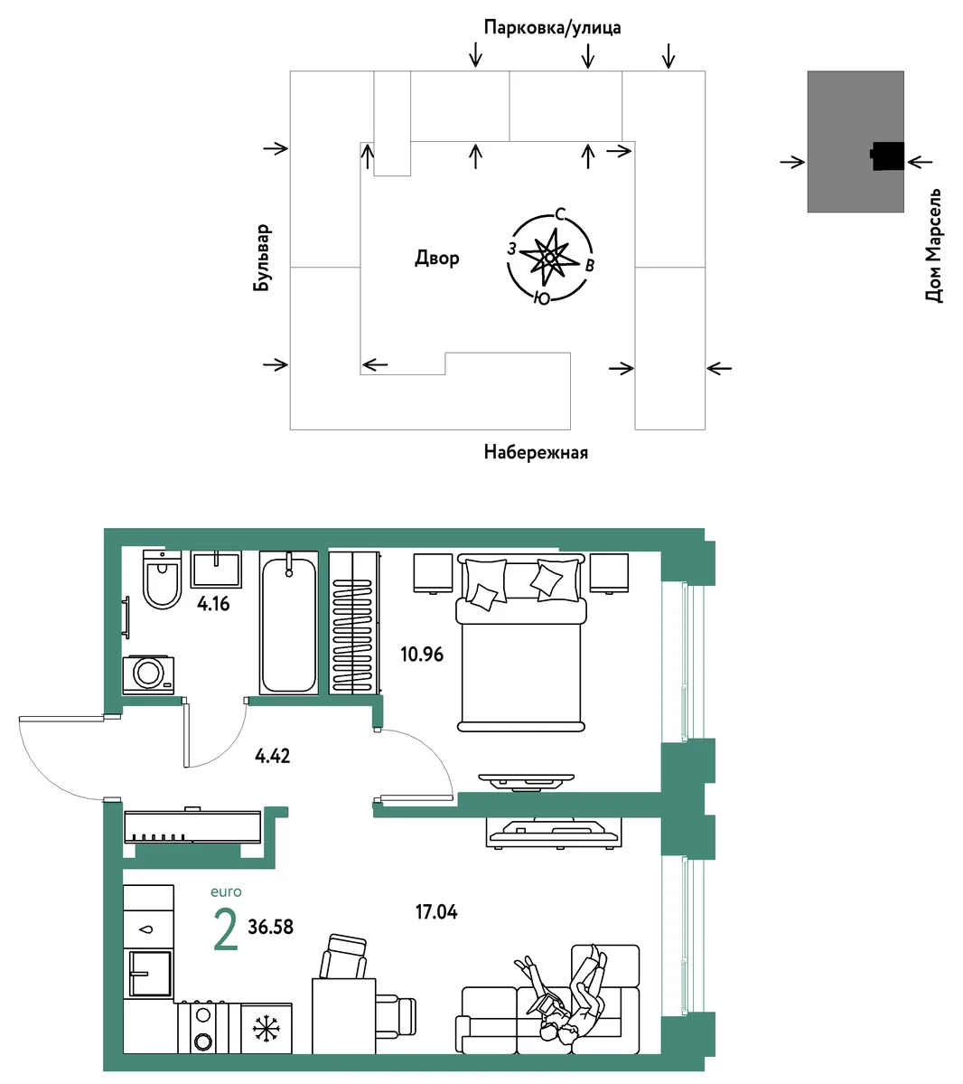 Планировка 2-комн. квартира, 36.58 м² ЖК «Европейский берег 2.0»