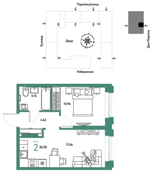Планировка 2-комн. квартира, 36.58 м² ЖК «Европейский берег 2.0»