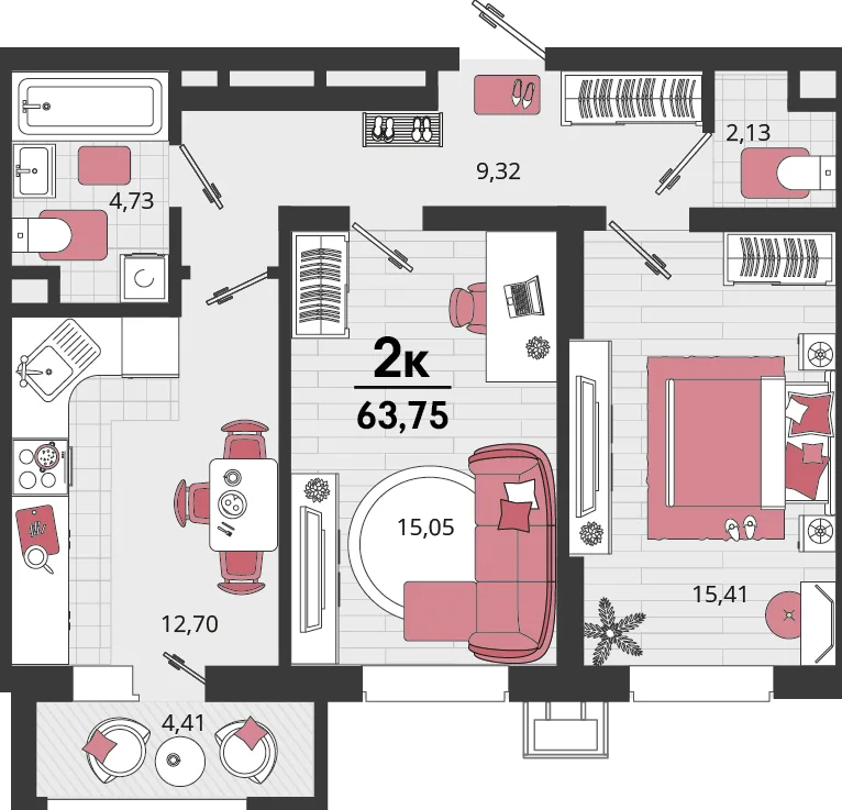 Планировка 2-комн. квартира, 63.75 м² ЖК «Родные просторы»