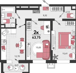 Планировка 2-комн. квартира, 63.75 м² ЖК «Родные просторы»
