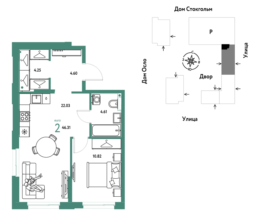 Планировка 2-комн. квартира, 46.31 м² ЖК «Европейский берег 2.0»