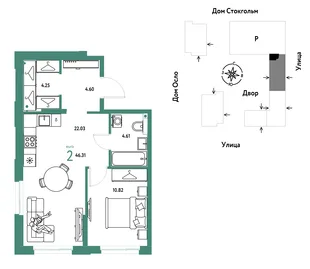Планировка 2-комн. квартира, 46.31 м² ЖК «Европейский берег 2.0»