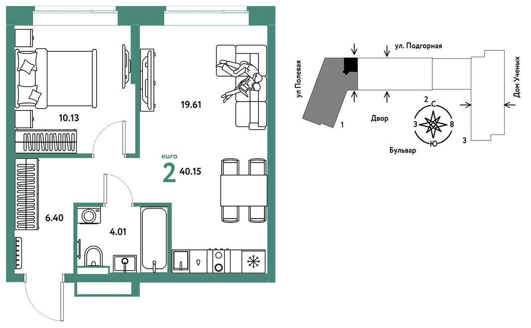 Планировка 2-комн. квартира, 40.24 м² ЖК «Авторский»