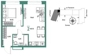 Планировка 2-комн. квартира, 40.24 м² ЖК «Авторский»