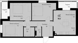 Планировка 4-комн. квартира, 83.6 м² ЖК «Васильевский остров»